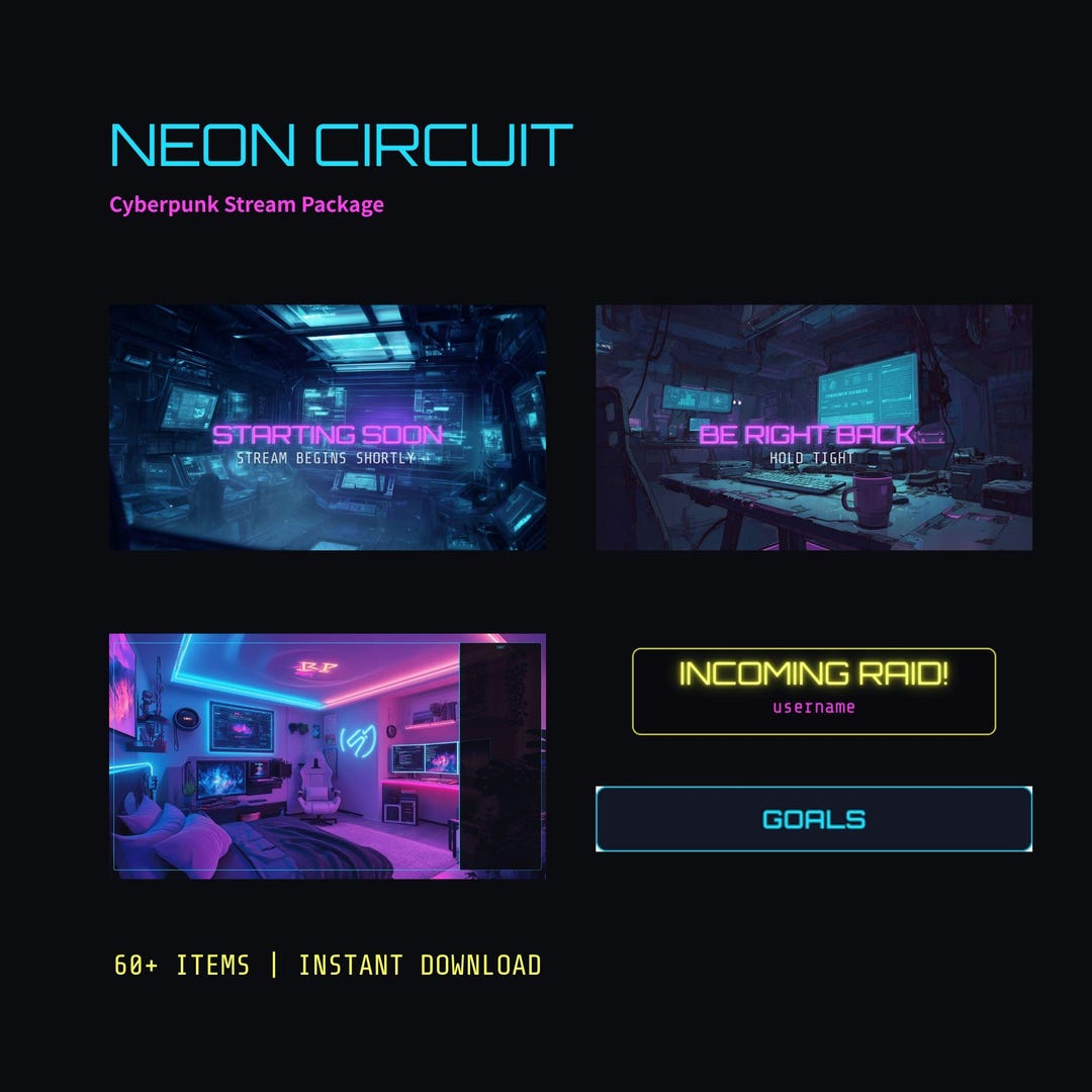 Neon Circuit Cyberpunk Stream Overlay Package for Twitch | Vtuber ...