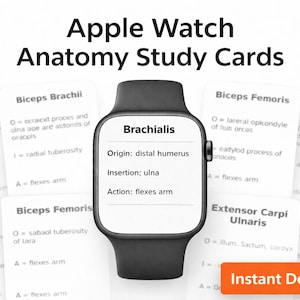 May include: An Apple Watch with a black band is centered, displaying anatomy study information. Surrounding the watch are flashcards with anatomical terms. The text "Apple Watch Anatomy Study Cards" is at the top, with "Instant Download" at the bottom.