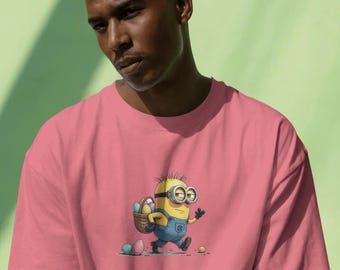 Camiseta unisex Comfort Colors con estampado de Minions de Pascua, de algodón con diseño de huevos de dibujos animados.