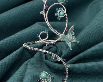 Turquoise Butterfly Arm Cuff, Silver Wire Wrapped Bracelet, Fairy Jewelry, Fantasy Festival Accessory