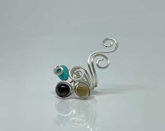 Onyx Turquoise Howlite Yellow Agate Ring, Handmade Silver Wire Wrapped Accessory, Artistic Statement Jewelry