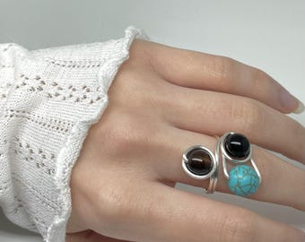 Onyx Tiger Eye Turquoise Ring, Triple Stone Statement Jewelry, Handmade Silver Wire Wrapped Accessory