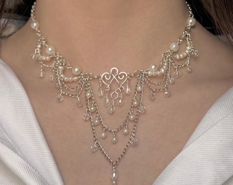 Coquette Pearl Choker Necklace, Victorian Aesthetic Jewelry, Romantic Regency Core Gift for Her, Delicate Bridal Choker