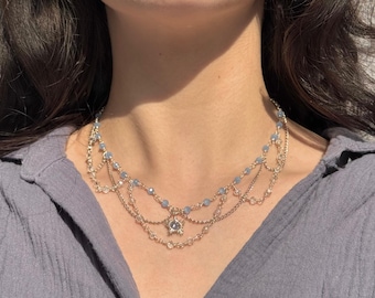 Celestial Blue Bead Choker with Sun Star Pendant, Silver Plated Jewelry, Ethereal Coquette Gift For Her