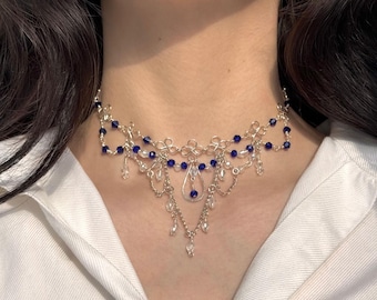 Royal Blue Crystal Choker, Silver Plated Necklace, Victorian Statement Jewelry, Princess Elegant Accessory