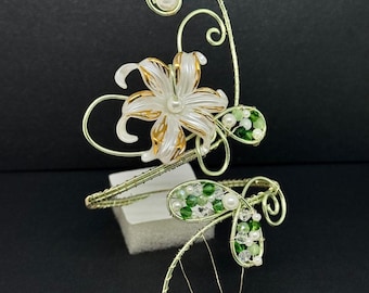 Mint Green Wire Flower Arm Cuff, White Pearl Lily, Elven Fairy Jewelry