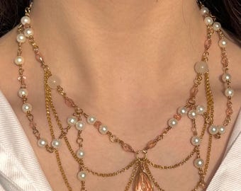Gold Necklace, Regency  Statement Jewelry, Wire Wrapped Pink Crystal Teardrop Choker, Romantic Gift for Her