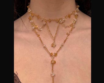 手作りの金メッキワイヤー多層ネックレス、シトリンとクリアクォーツのジュエリー、天体モチーフのY2Kグランジ風チョーカー、彼女へのギフト