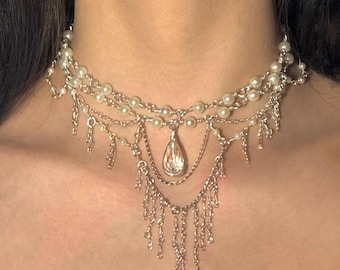 Victorian Pearl Choker, Silver Plated Coquette Layered Necklace, Bridal Pearl Jewelry, Crystal Teardrop Pendant