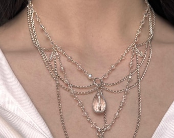 Dramatic Silver Plated Celestial Crystal Teardrop Necklace, Layered Chain Statement Jewelry, Wedding Neckpiece, Gift for her