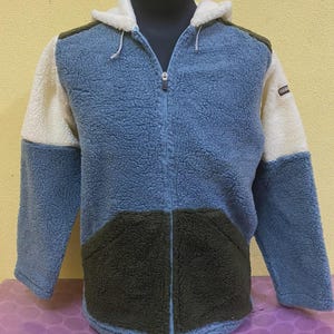 Napapijri Yupik Sherpa Fleece Hoodie Men’s Medium Blue White Norwegian Flag Patch Full Zip Teddy Borg Jacket Made in Romania Vintage Outdoor