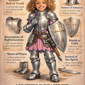May include: Illustration of a smiling child in silver armor, holding a sword and shield. The image includes text describing the "Armor of God," including the Belt of Truth, Breastplate of Righteousness, and Shoes of Peace. The text "I AM STRONG IN THE LORD AND IN HIS MIGHTY POWER" is also present.