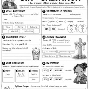 May include: Black and white worksheet titled "SIN & SALVATION" with fill-in-the-blank sections and illustrations. The worksheet includes sections on sin, salvation, and a prayer. A young girl is depicted on the left and right sides of the worksheet.