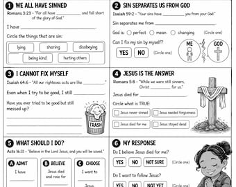 May include: Black and white worksheet titled "SIN & SALVATION" with fill-in-the-blank sections and illustrations. The worksheet includes sections on sin, salvation, and a prayer. A young girl is depicted on the left and right sides of the worksheet.