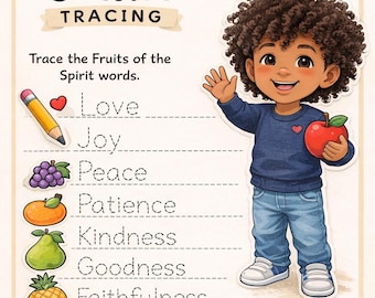 Puede incluir: Una colorida hoja de trabajo de trazado educativo titulada "Frutos del Espíritu". La hoja de trabajo presenta una ilustración de dibujos animados de un niño sosteniendo una manzana. La hoja de trabajo incluye las palabras "Amor, Alegría, Paz, Paciencia, Bondad, Fidelidad, Mansedumbre, Autocontrol".