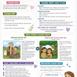 May include: Educational poster for ages 3-5 about biblical obedience, featuring illustrations of Abraham and Adam & Eve. The poster includes the text "I listen and trust God!" and lesson goals, teacher scripts, and heart questions.