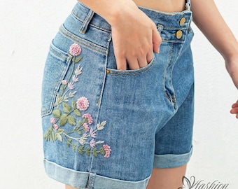 Pantalones cortos vaqueros bordados a medida, diseño de mezclilla con bolsillos, regalo de verano para mujer, ropa informal de playa.