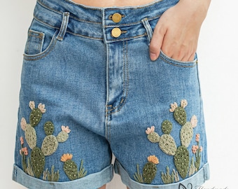 Cactus geborduurde denim short, damesjeanskleding, woestijn geïnspireerde zomeroutfit, uniek cadeau voor haar
