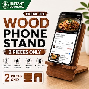 May include: A wooden phone stand with a smartphone displaying a pasta recipe video. The stand is made of dark wood and has a slot to hold the phone. Text on the stand reads "WOOD PHONE STAND" and "2 PIECES ONLY".