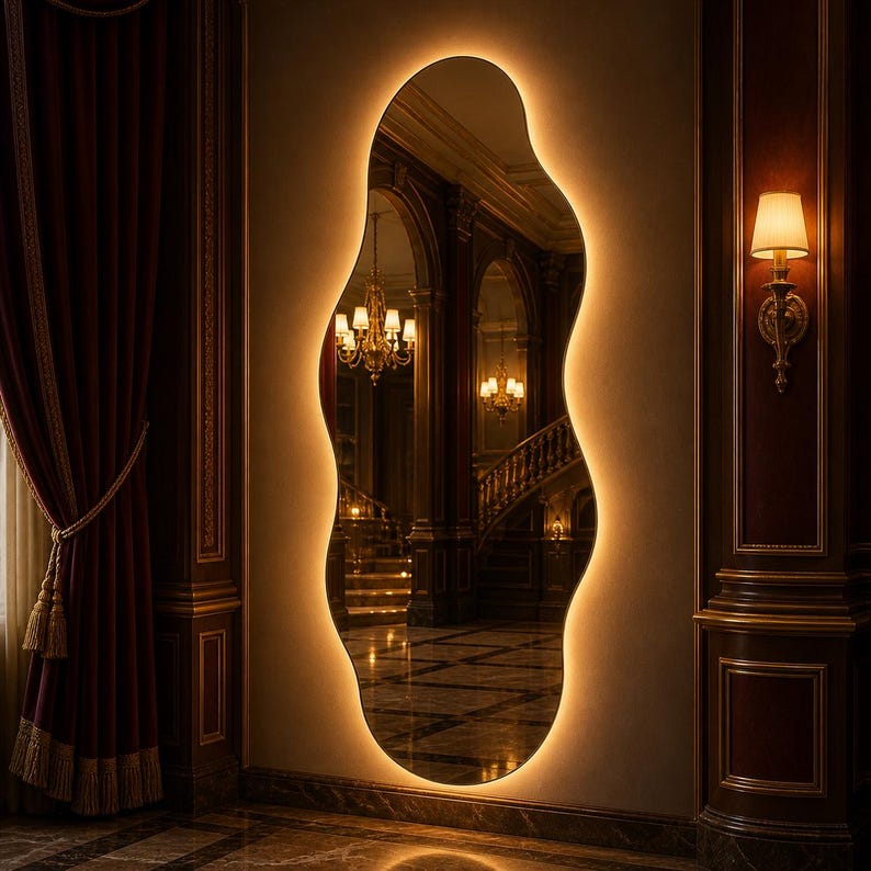 May include: A large, irregularly shaped mirror with a warm, glowing LED border. The mirror reflects a grand interior with chandeliers, a staircase, and ornate architectural details. The room features dark red curtains and marble flooring, creating a luxurious ambiance.