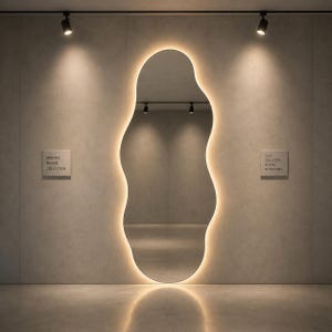 May include: An organically shaped mirror with a warm, glowing light outlining its form. The mirror is mounted on a neutral-toned wall, with the text "ORGANIC MIRROR COLLECTION" and "2024 COLLECTION DESIGN IN HARMONY" displayed on small plaques.