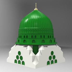 Op de afbeelding: Een 3D-model van een groen gewelfde structuur met een gouden torenspits, geplaatst op een witte basis. De basis heeft groene cirkelvormige ontwerpen en boogvormige openingen. De koepel heeft een geribbeld ontwerp. Het model staat tegen een grijze achtergrond.