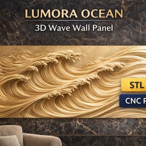 May include: A golden-toned 3D wave wall panel with the text "LUMORA OCEAN" and "3D Wave Wall Panel". The panel features a detailed relief of ocean waves. Includes "STL FILE" and "CNC READY" labels.