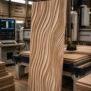 Puede incluir: Un panel de madera grande y claro con un diseño tallado en forma de olas fluidas. El panel está de pie en un taller, con maquinaria CNC y el texto "QUALITY PRECISION PERFECTION" visible en el fondo.