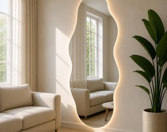 Organic LED Mirror, Irregular Wavy Full Length Wall Mirror, Modern Luxury Home Decor