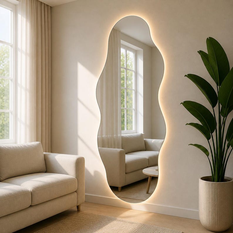 May include: A large, wavy-edged mirror with integrated lighting is mounted on a neutral-toned wall. The mirror reflects a living room scene with a beige sofa, a small round table, and a potted plant. The room has large windows with sheer curtains.