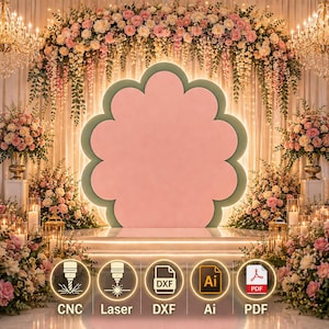 May include: A pink, scalloped-edge backdrop with a green border is the focal point of this image, set against a floral archway. The backdrop is surrounded by flowers, candles, and chandeliers, creating a romantic ambiance. Icons for CNC, Laser, DXF, Ai, and PDF are at the bottom.