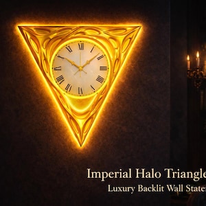 Reloj triangular Imperial Halo – Decoración de pared de lujo con retroiluminación dorada (imprimible en 3D CNC)