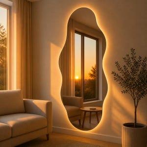 May include: A large, organically shaped mirror with a warm, glowing LED border. The mirror reflects a sunset view from a window, with a neutral-toned sofa and a small potted plant in the room. The overall aesthetic is modern and minimalist.