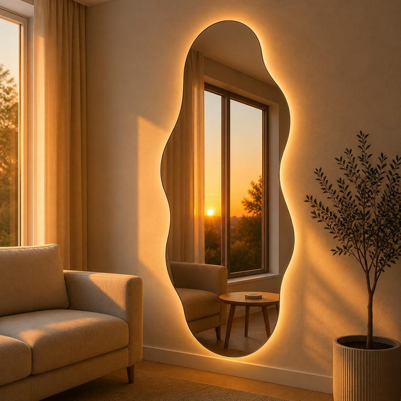 May include: A large, organically shaped mirror with a warm, glowing LED border. The mirror reflects a sunset view from a window, with a neutral-toned sofa and a small potted plant in the room. The overall aesthetic is modern and minimalist.