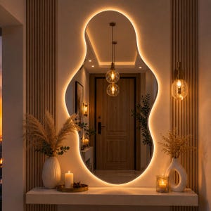 May include: An organically shaped mirror with a warm, glowing LED border hangs on a wall with vertical wood paneling. The mirror reflects a hallway with pendant lights and a wooden door. Decorative vases, candles, and dried plants adorn a shelf below.