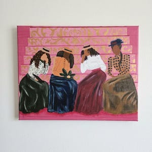 May include: A painting on canvas depicting four figures sitting on pink stairs with gold filigree patterns. The figures wear long skirts in black, blue, maroon, and brown, paired with various tops and hats, rendered in a stylized, faceless manner.
