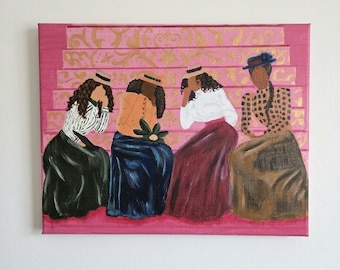 Figurative Art Print – Four Women in Freedom, Pink Gold Damask, Modern Black Art Canvas (10x8)