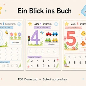 May include: Three educational activity pages for children featuring the numbers 3, 4, and 5. Each page includes tracing exercises, counting tasks with illustrations of flowers, cars, and fish, and number recognition grids with the text Ein Blick ins Buch.