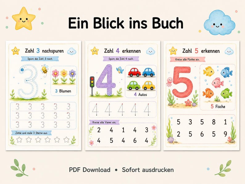 May include: Three educational activity pages for children featuring the numbers 3, 4, and 5. Each page includes tracing exercises, counting tasks with illustrations of flowers, cars, and fish, and number recognition grids with the text Ein Blick ins Buch.