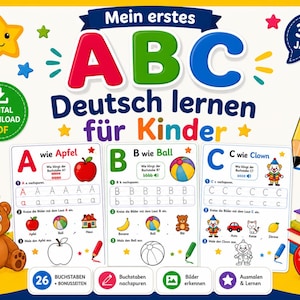 May include: A colorful educational poster for children learning German. The poster features the letters ABC, with illustrations of an apple, ball, and clown. Includes the text "Mein erstes ABC Deutsch lernen für Kinder" and "Digital Download PDF".