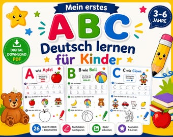 May include: A vibrant educational poster for children learning German, featuring the letters ABC. The poster includes illustrations of an apple, ball, and clown. Text includes "Mein erstes ABC Deutsch lernen für Kinder" and "Digital Download PDF".