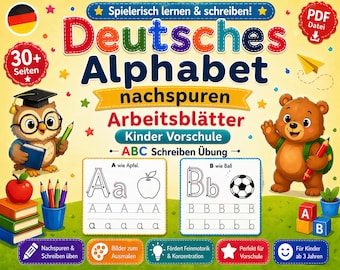 Op de afbeelding: Een kleurrijk educatief werkblad voor kleuters. De afbeelding toont het Duitse alfabet met traceeroefeningen, illustraties en de tekst "Deutsches Alphabet nachspuren Arbeitsblätter Kinder Vorschule". Bevat een uil, beer en appel.