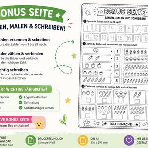May include: Black and white educational worksheet with the text "BONUS SEITE Z&Auml;HLEN, MALEN & SCHREIBEN!" featuring counting, matching, and writing exercises. Includes numbers 1-20, images of vegetables, and a section to write the correct number.