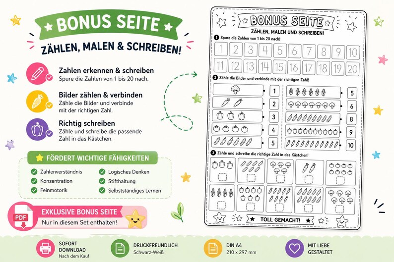 May include: Black and white educational worksheet with the text "BONUS SEITE Z&Auml;HLEN, MALEN & SCHREIBEN!" featuring counting, matching, and writing exercises. Includes numbers 1-20, images of vegetables, and a section to write the correct number.