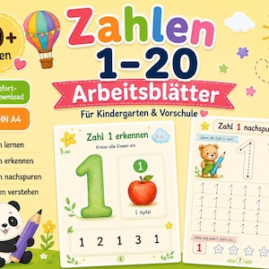 May include: Educational worksheet set titled Zahlen 1-20 Arbeitsbl&auml;tter featuring a yellow background with a hot air balloon, sun, and bee. Includes two sample pages for learning the number one with a red apple, a teddy bear, and a panda.