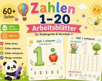 May include: Educational worksheet set titled Zahlen 1-20 Arbeitsblätter featuring a yellow background with a hot air balloon, sun, and bee. Includes two sample pages for learning the number one with a red apple, a teddy bear, and a panda.