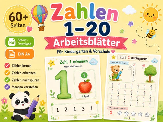 Zahlen Lernen 1-20 Arbeitsblätter PDF, Mathe Arbeitsbuch ab 3 Jahren, Vorschule Kindergarten Lernheft, Zahlen Nachspuren, Sofort Download