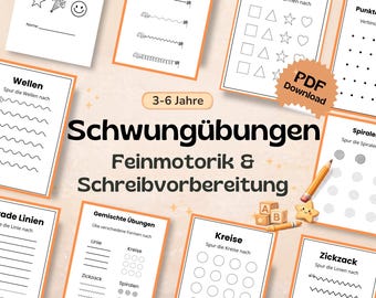 Op de afbeelding: Een verzameling afdrukbare werkbladen voor kinderen van 3-6 jaar, met oefeningen om de fijne motoriek te verbeteren en voor te bereiden op het schrijven. De werkbladen bevatten oefeningen om lijnen, vormen en patronen te traceren. Een potlood en houten blokken zijn ook zichtbaar.