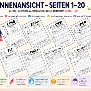 May include: Educational printable pages for children, featuring numbers 1-20 with tracing exercises and illustrations. Includes a watermelon, apples, bananas, and other cute fruit graphics. The pages are designed for preschool and kindergarten.