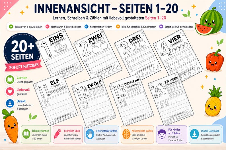 May include: Educational printable pages for children, featuring numbers 1-20 with tracing exercises and illustrations. Includes a watermelon, apples, bananas, and other cute fruit graphics. The pages are designed for preschool and kindergarten.